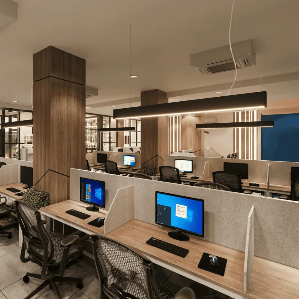 Secure office workspace with modern computers and workstations.